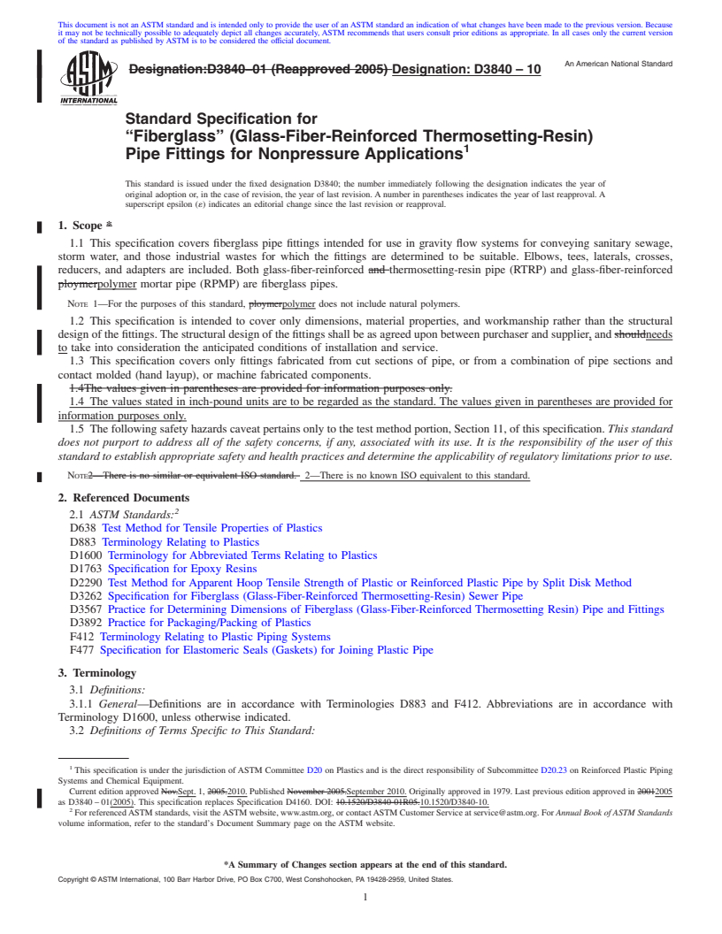 REDLINE ASTM D3840-10 - Standard Specification for "Fiberglass" (Glass-Fiber-Reinforced Thermosetting-Resin) Pipe Fittings for Nonpressure Applications