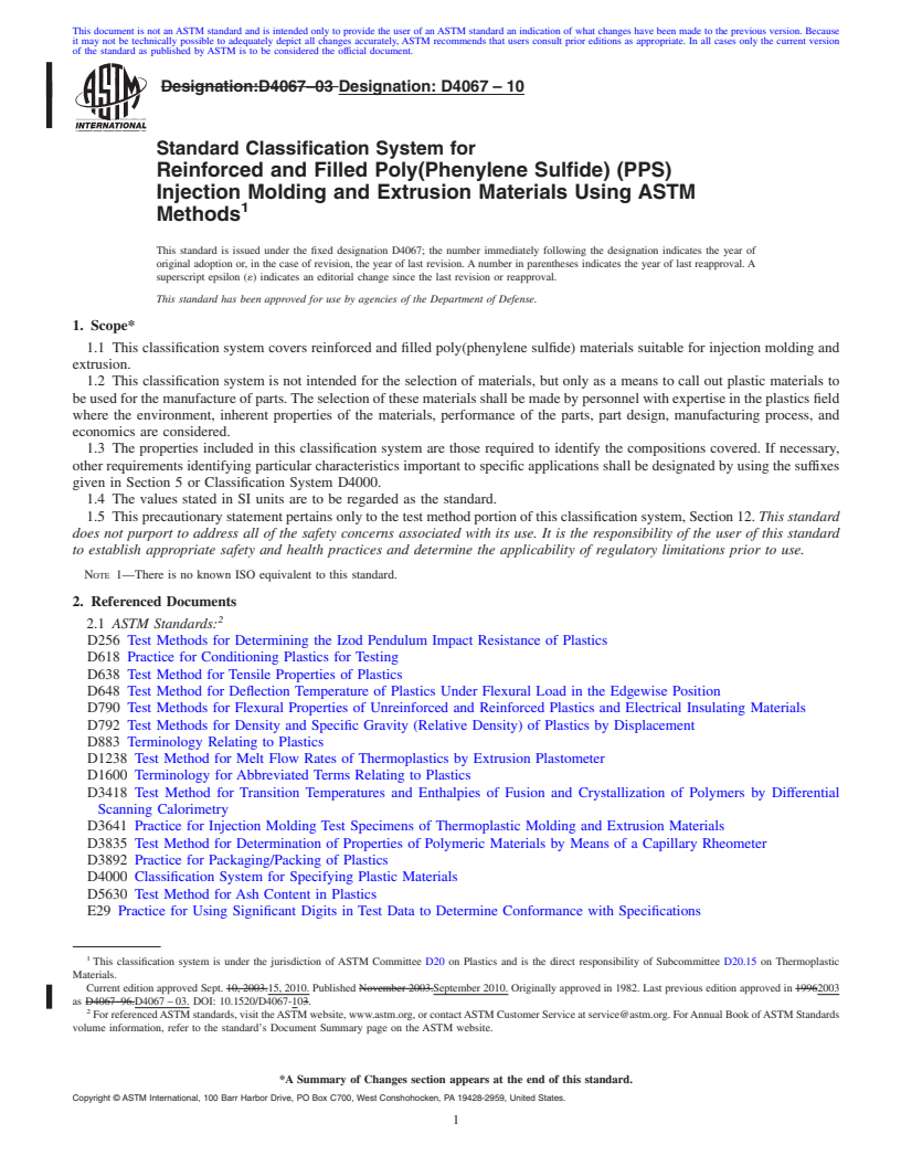 REDLINE ASTM D4067-10 - Standard Classification System for Reinforced and Filled Poly(Phenylene Sulfide) (PPS) Injection Molding and Extrusion Materials Using ASTM Methods