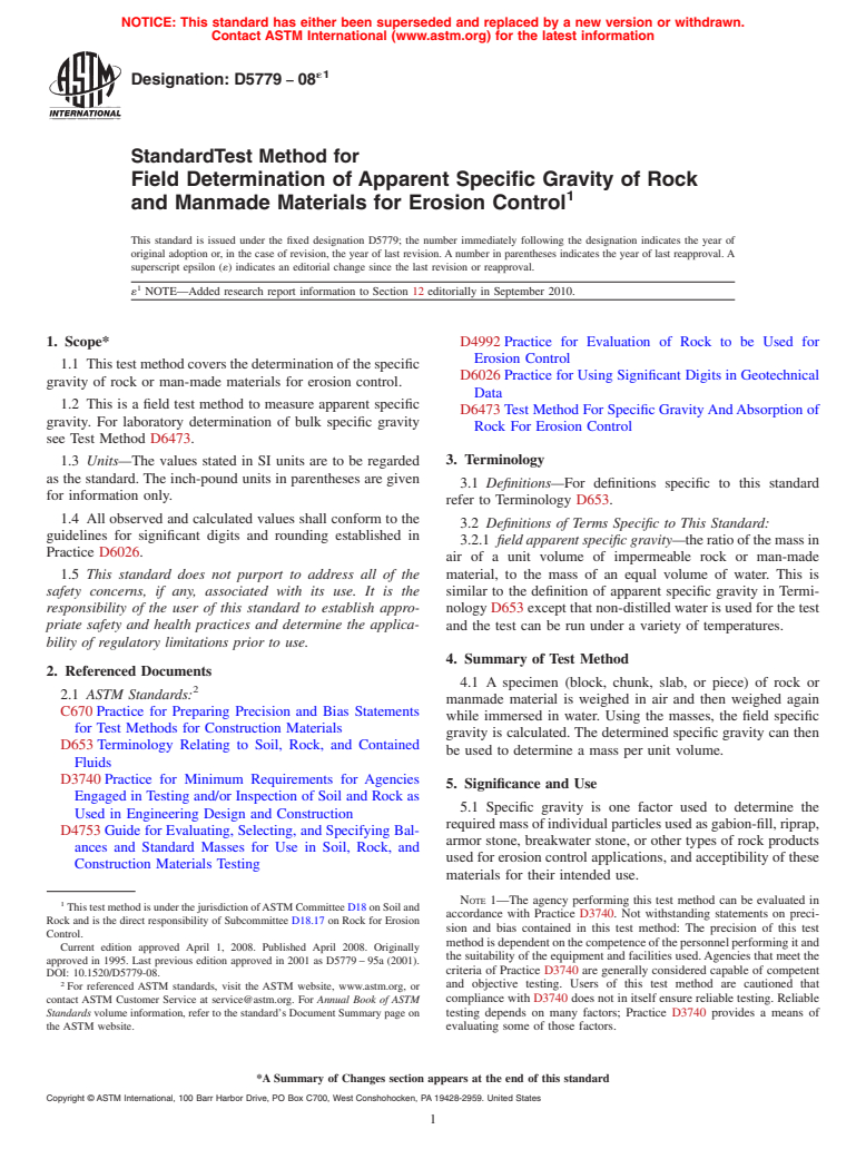 ASTM D5779-08e1 - Standard Test Method for Field Determination of Apparent Specific Gravity of Rock and Manmade Materials for Erosion Control