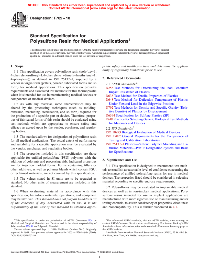 ASTM F702-10 - Standard Specification for Polysulfone Resin for Medical Applications