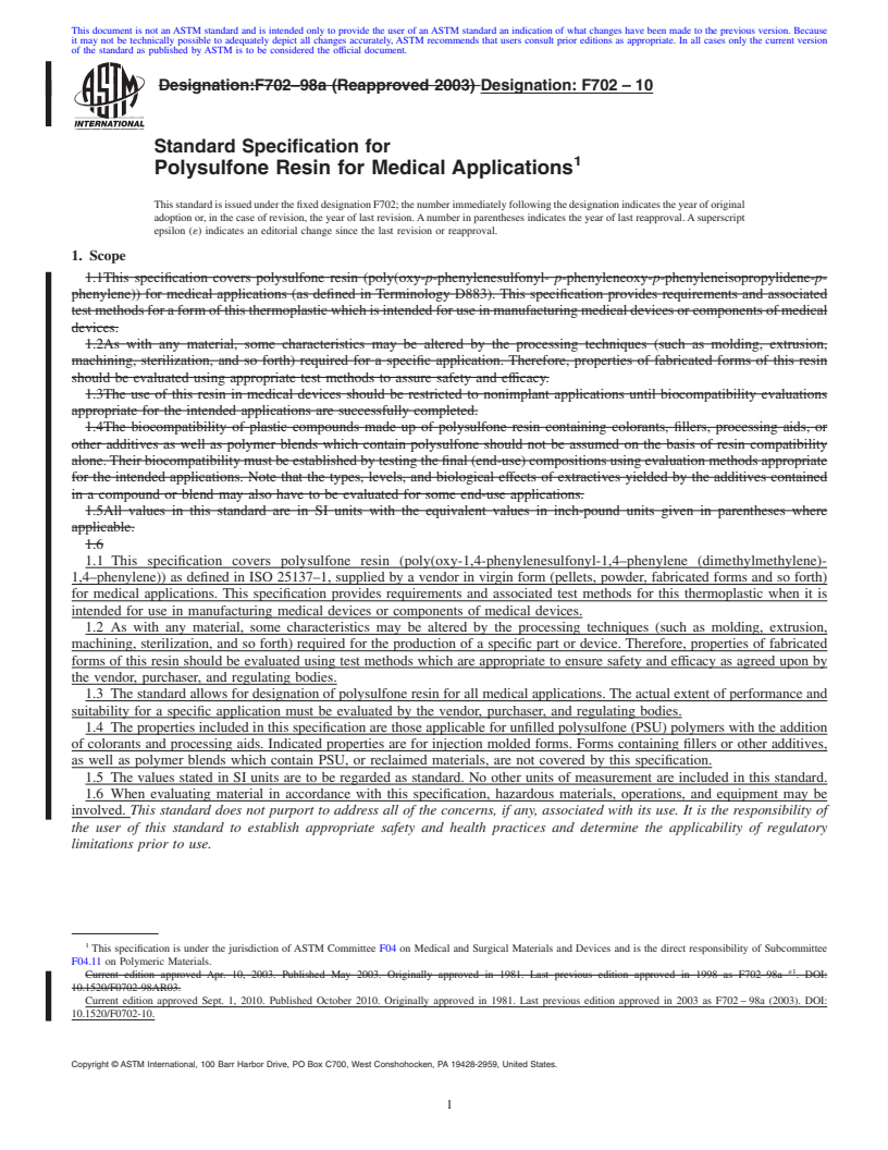 REDLINE ASTM F702-10 - Standard Specification for Polysulfone Resin for Medical Applications