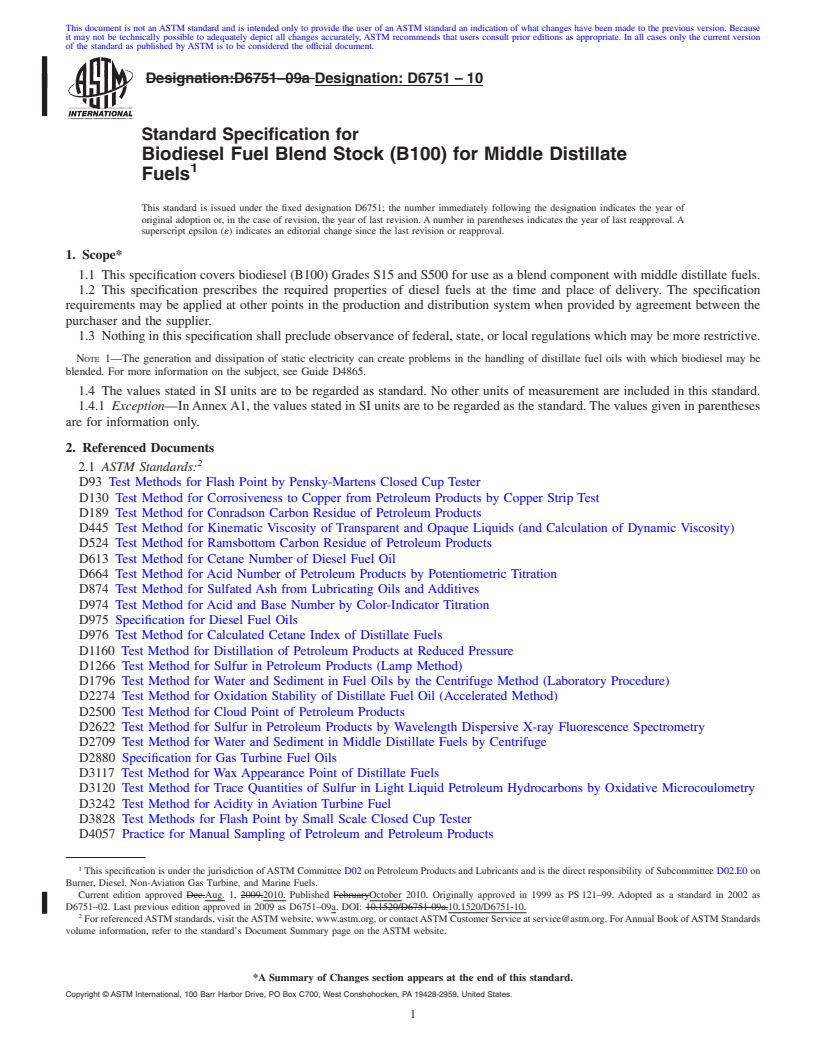 REDLINE ASTM D6751-10 - Standard Specification for Biodiesel Fuel Blend Stock (B100) for Middle Distillate Fuels