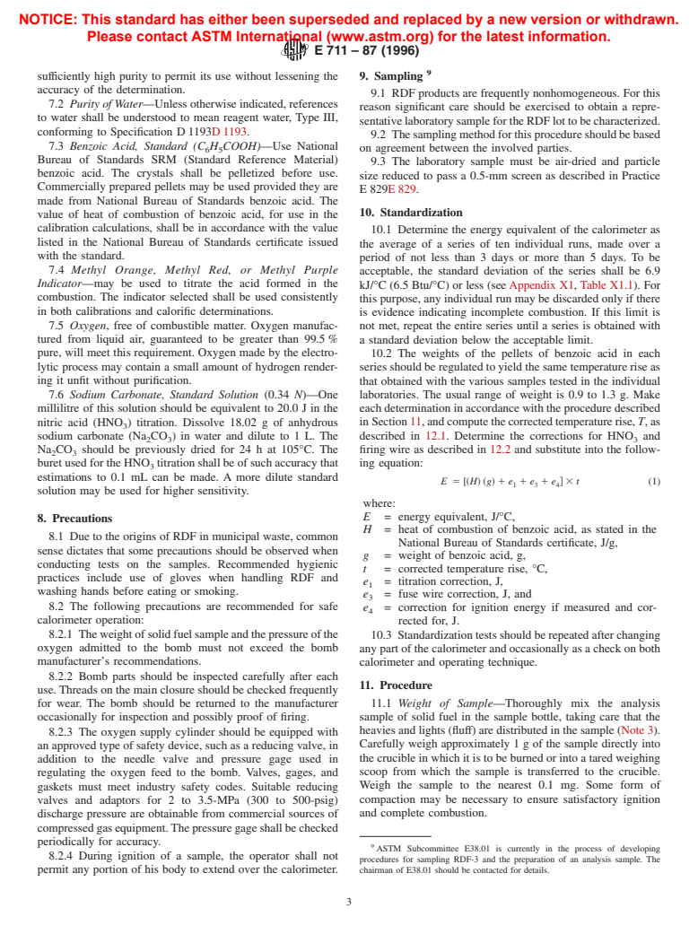 ASTM E711-87(1996) - Standard Test Method for Gross Calorific Value of Refuse-Derived Fuel by the Bomb Calorimeter