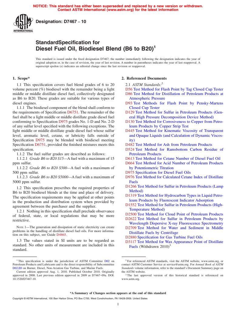 ASTM D7467-10 - Standard Specification for Diesel Fuel Oil, Biodiesel Blend (B6 to B20)