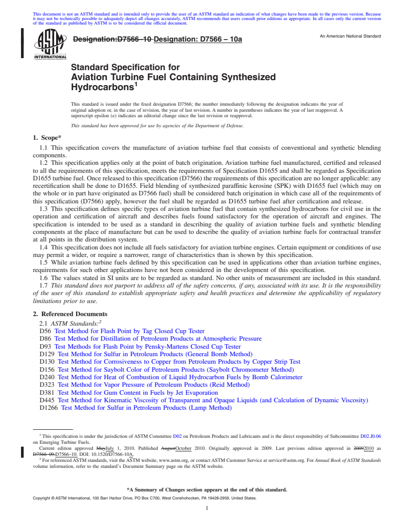 REDLINE ASTM D7566-10a - Standard Specification for Aviation Turbine Fuel Containing Synthesized Hydrocarbons