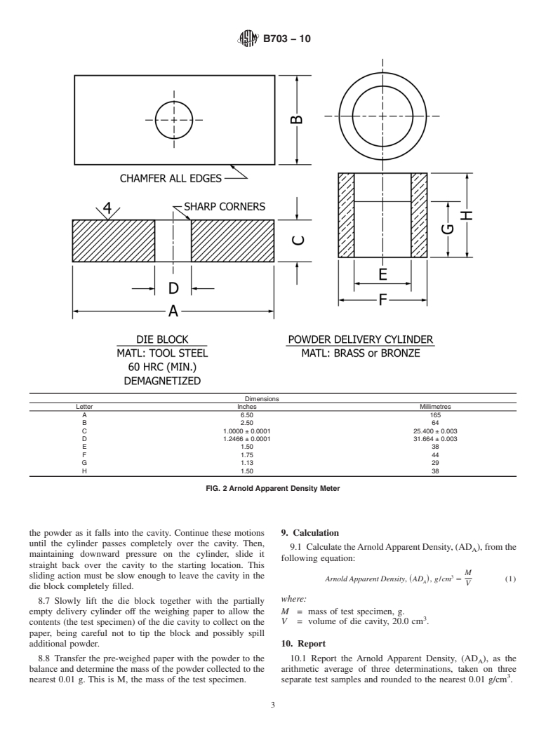 ASTM B703-10 - Standard Test Method for Apparent Density of Metal Powders and Related Compounds Using the Arnold Meter