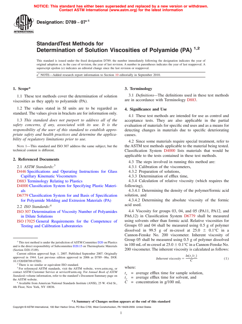 ASTM D789-07e1 - Standard Test Methods for Determination of Solution Viscosities of Polyamide (PA)