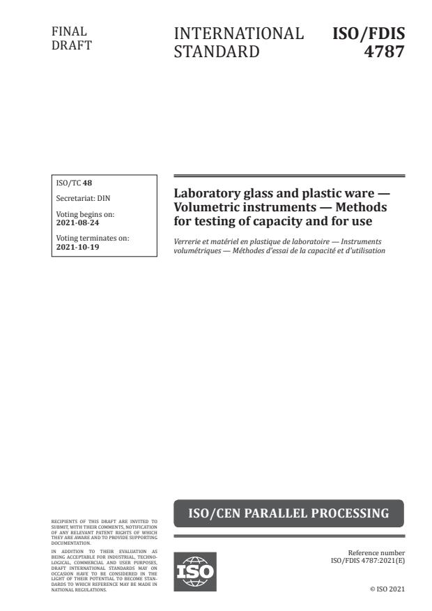 ISO/FDIS 4787:Version 21-avg-2021 - Laboratory glass and plastic ware -- Volumetric instruments -- Methods for testing of capacity and for use