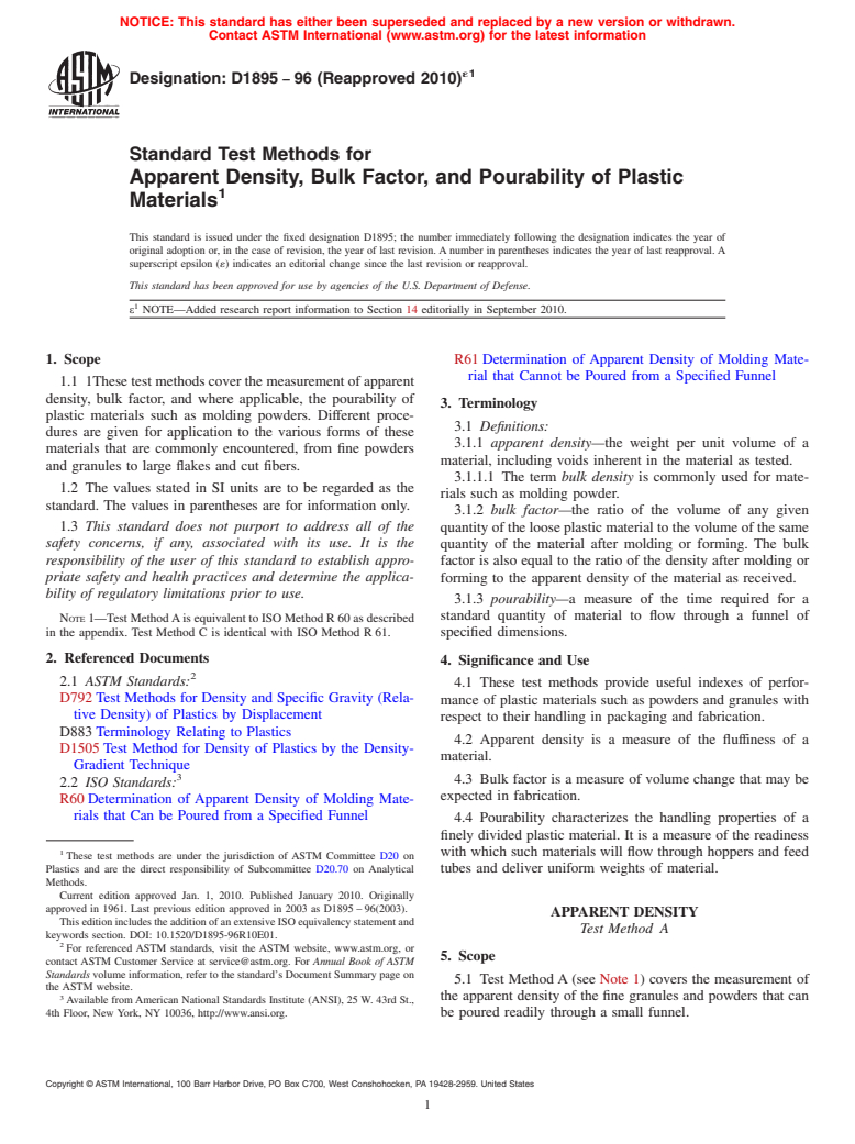 ASTM D1895-96(2010)e1 - Standard Test Methods for Apparent Density, Bulk Factor, and Pourability of Plastic Materials