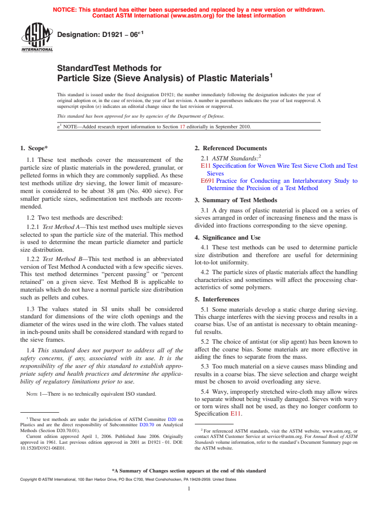 ASTM D1921-06e1 - Standard Test Methods for Particle Size (Sieve Analysis) of Plastic Materials