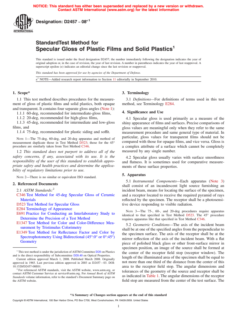 ASTM D2457-08e1 - Standard Test Method for Specular Gloss of Plastic Films and Solid Plastics