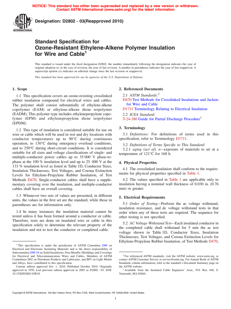 ASTM D2802-03(2010) - Standard Specification for Ozone-Resistant Ethylene-Alkene Polymer Insulation for Wire and Cable