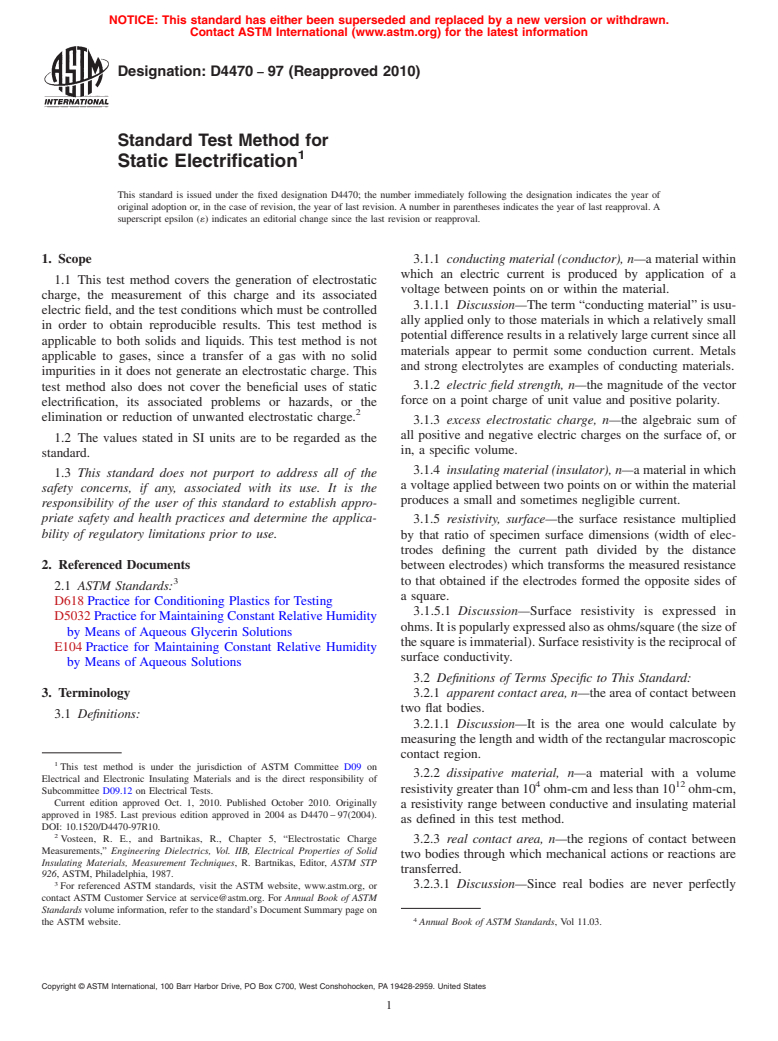 ASTM D4470-97(2010) - Standard Test Method for Static Electrification