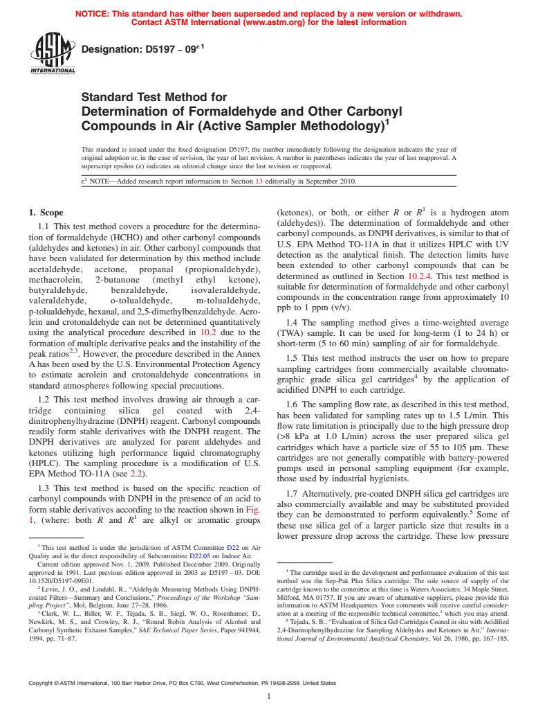 ASTM D5197-09e1 - Standard Test Method for Determination of Formaldehyde and Other Carbonyl Compounds in Air (Active Sampler Methodology)