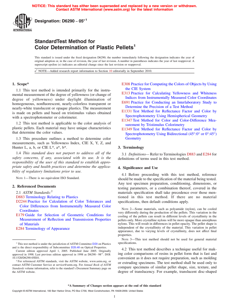 ASTM D6290-05e1 - Standard Test Method for Color Determination of Plastic Pellets