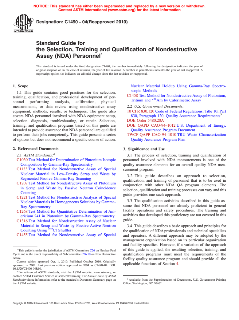 ASTM C1490-04(2010) - Standard Guide for the Selection, Training and Qualification of Nondestructive Assay (NDA) Personnel