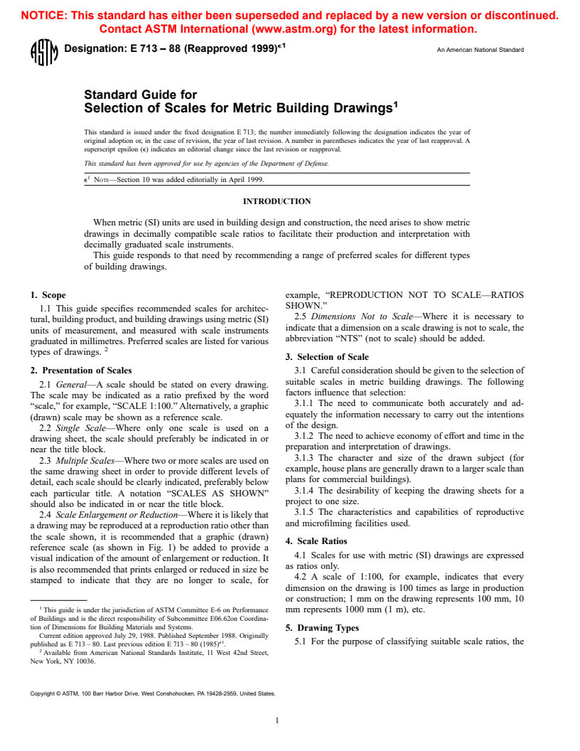 ASTM E713-88(1999)e1 - Standard Guide for Selection of Scales for Metric Building Drawings