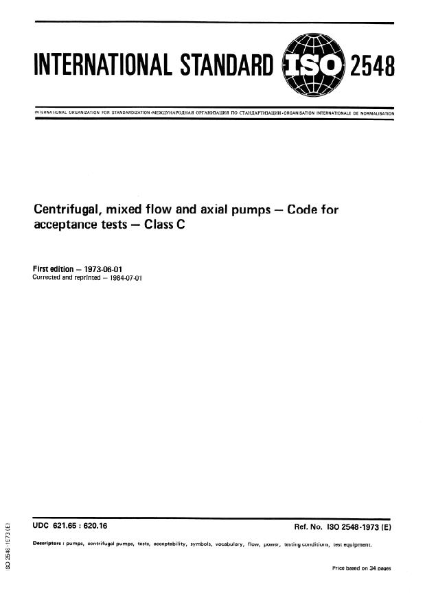 ISO 2548:1973 - Centrifugal, mixed flow and axial pumps -- Code for acceptance tests -- Class C