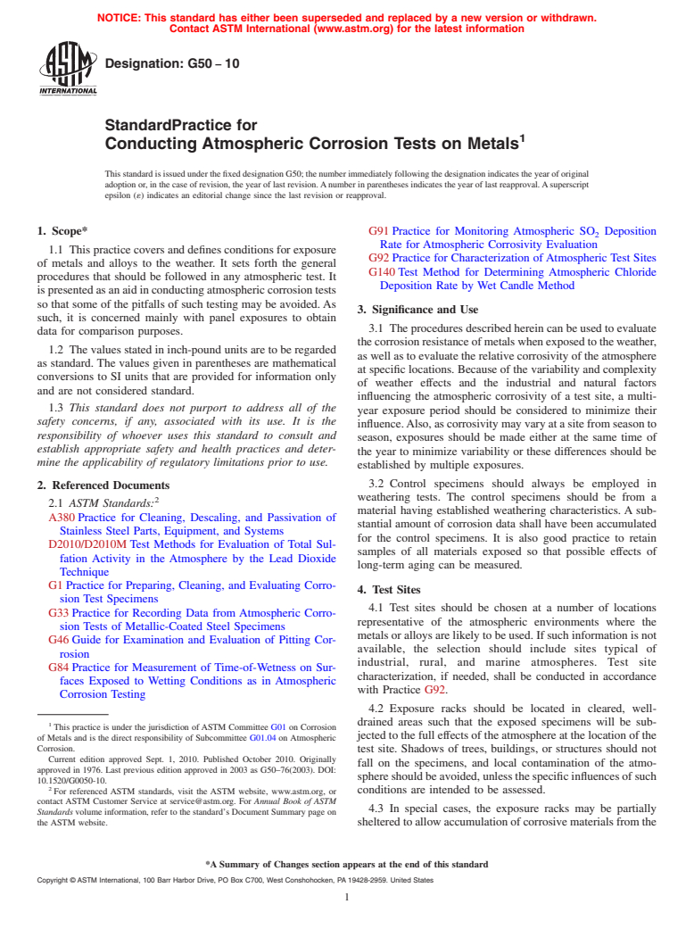 ASTM G50-10 - Standard Practice for Conducting Atmospheric Corrosion Tests on Metals