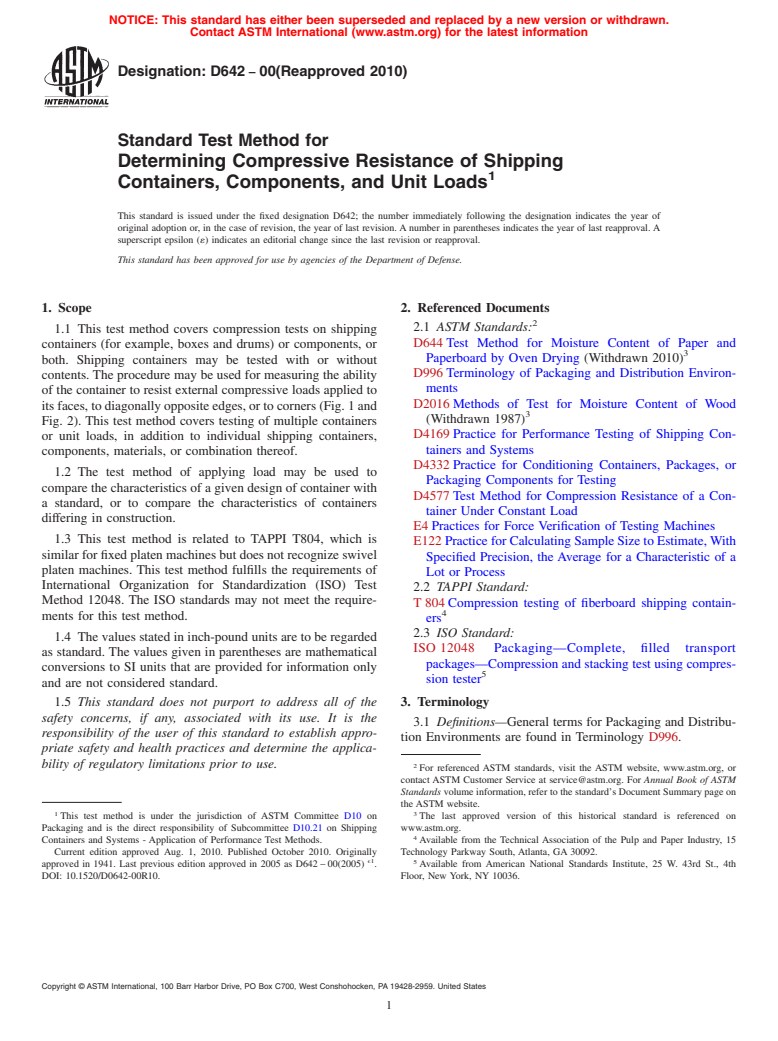 ASTM D642-00(2010) - Standard Test Method for Determining Compressive Resistance of Shipping Containers, Components, and Unit Loads