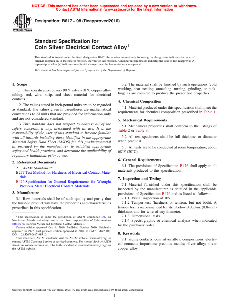 ASTM B617-98(2010) - Standard Specification for Coin Silver Electrical Contact Alloy