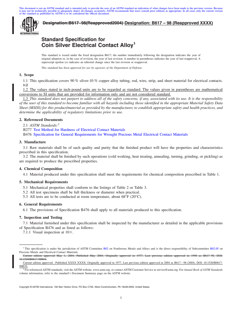 REDLINE ASTM B617-98(2010) - Standard Specification for Coin Silver Electrical Contact Alloy