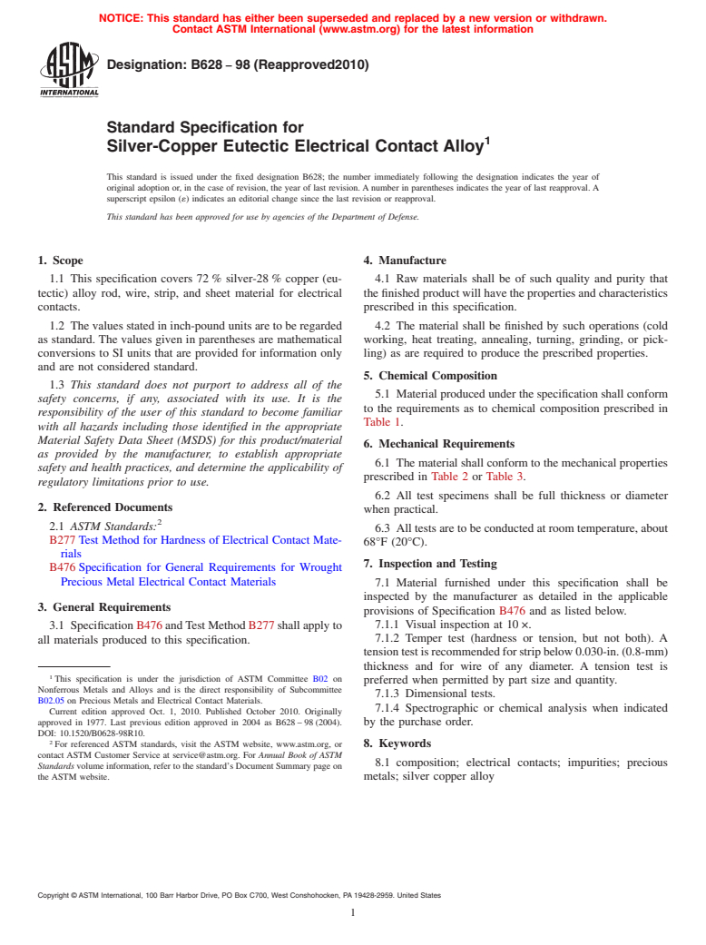 ASTM B628-98(2010) - Standard Specification for Silver-Copper Eutectic Electrical Contact Alloy