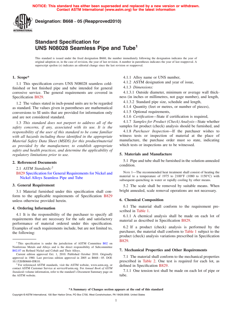 ASTM B668-05(2010) - Standard Specification for UNS N08028 Seamless Pipe and Tube