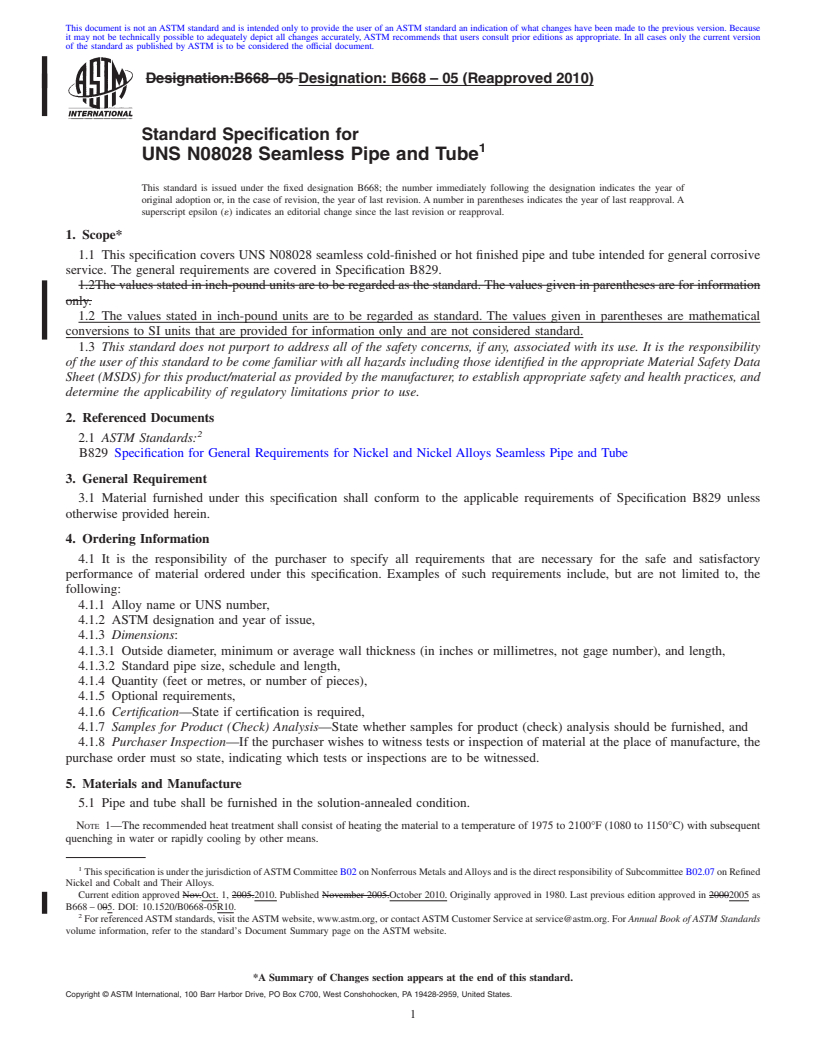 REDLINE ASTM B668-05(2010) - Standard Specification for UNS N08028 Seamless Pipe and Tube