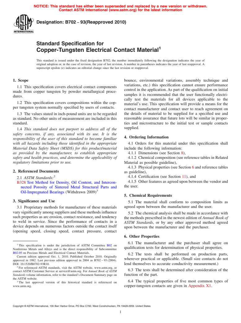 ASTM B702-93(2010) - Standard Specification for Copper-Tungsten Electrical Contact Material