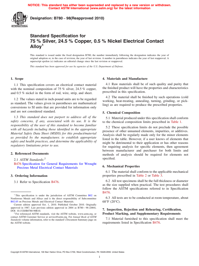 ASTM B780-98(2010) - Standard Specification for 75% Silver, 24.5% Copper, 0.5% Nickel Electrical Contact Alloy