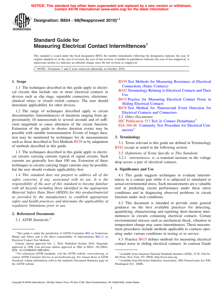 ASTM B854-98(2010)e1 - Standard Guide for Measuring Electrical Contact Intermittences