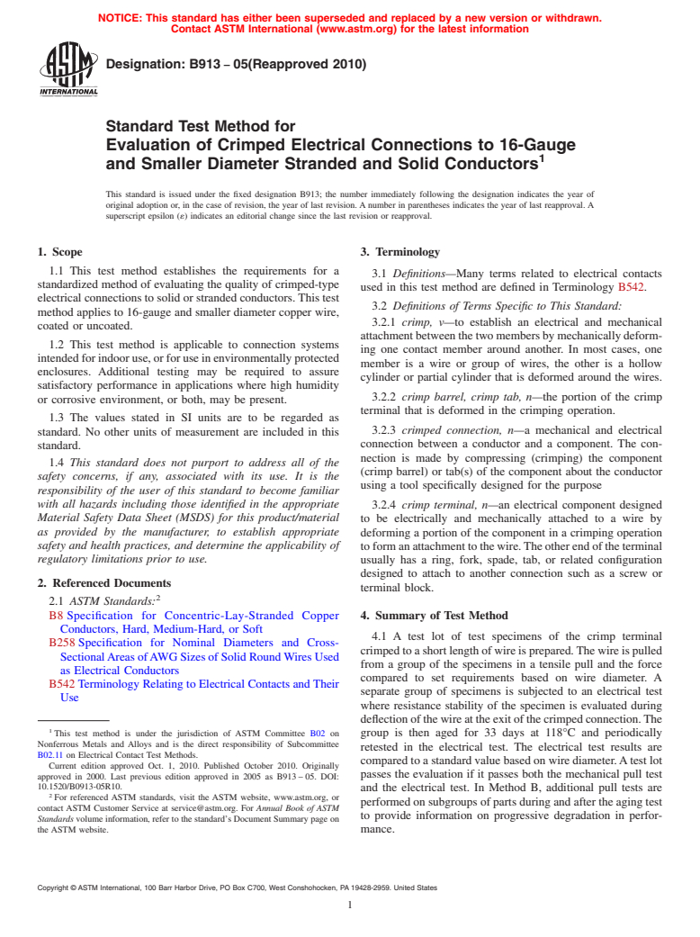 ASTM B913-05(2010) - Standard Test Method for Evaluation of Crimped Electrical Connections to 16-Gauge and Smaller Diameter Stranded and Solid Conductors