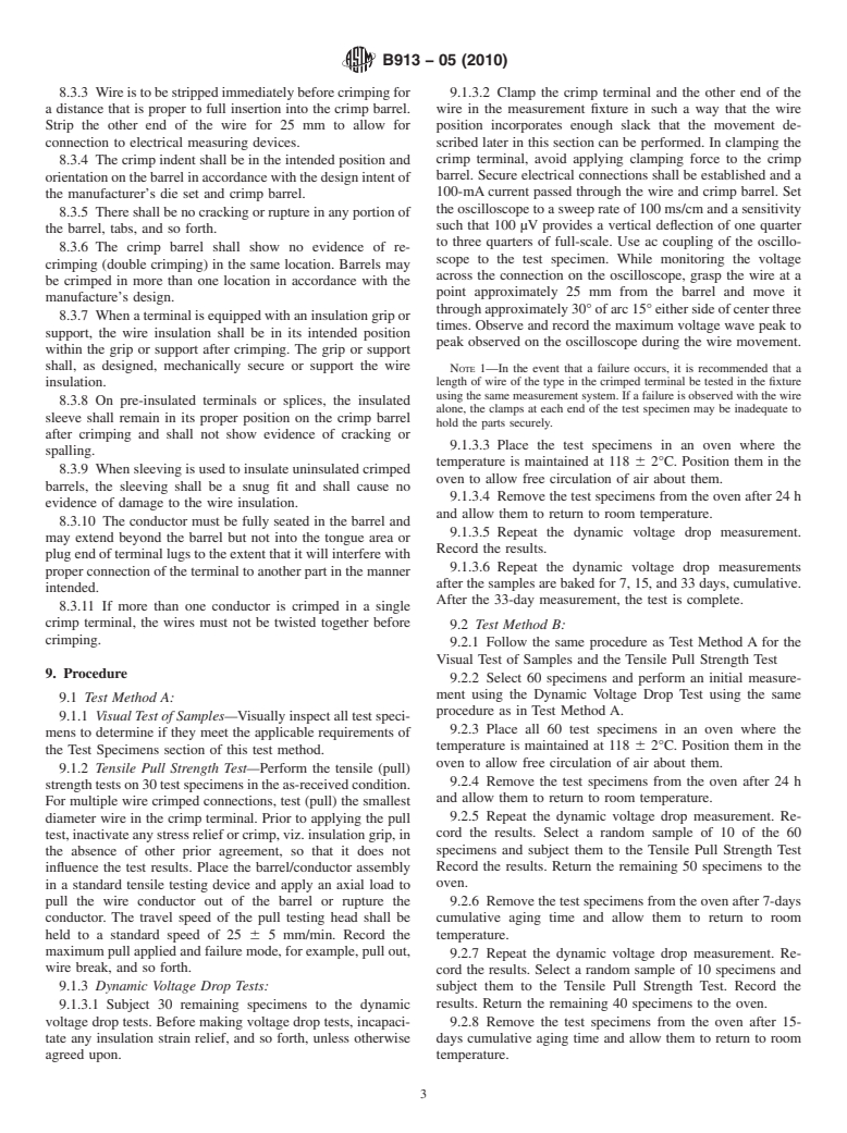 ASTM B913-05(2010) - Standard Test Method for Evaluation of Crimped Electrical Connections to 16-Gauge and Smaller Diameter Stranded and Solid Conductors