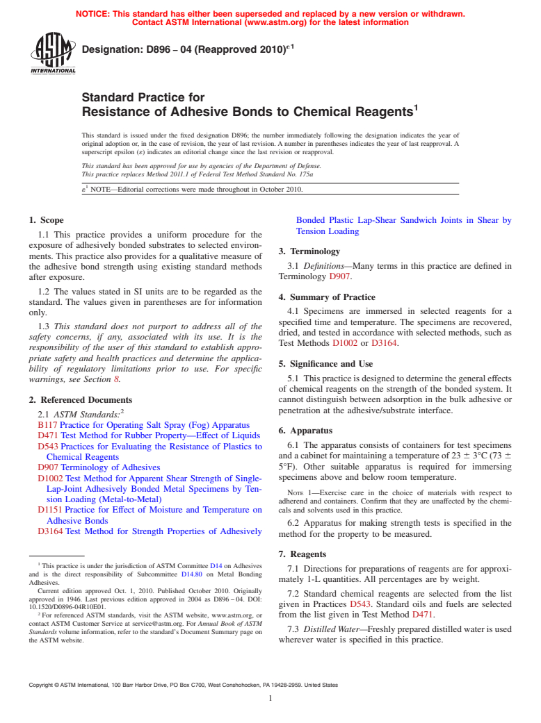 ASTM D896-04(2010)e1 - Standard Practice for Resistance of Adhesive Bonds to Chemical Reagents