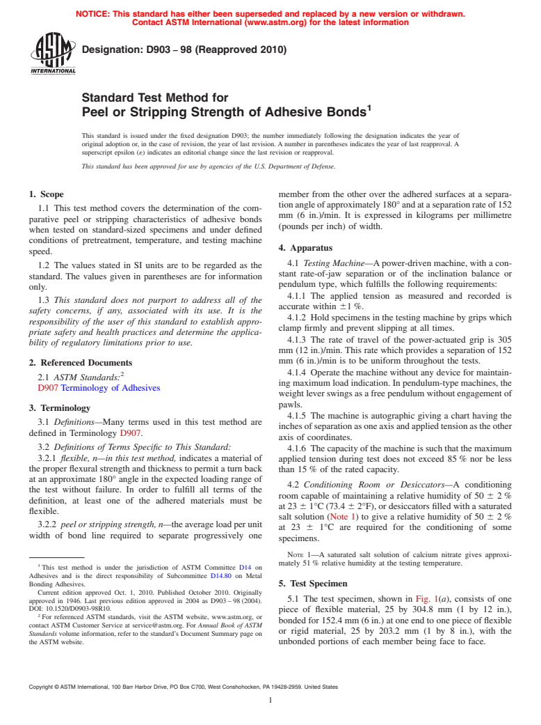 ASTM D903-98(2010) - Standard Test Method for Peel or Stripping Strength of Adhesive Bonds