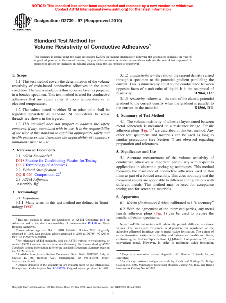 ASTM D2739-97(2010) - Standard Test Method for Volume Resistivity of Conductive Adhesives