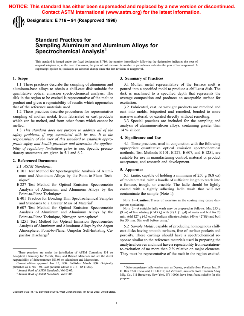 ASTM E716-94(1998) - Standard Practices for Sampling Aluminum and Aluminum Alloys for Spectrochemical Analysis