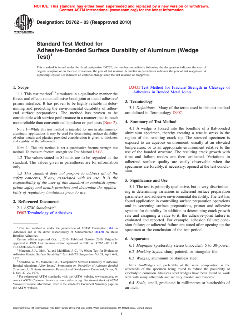 ASTM D3762-03(2010) - Standard Test Method for Adhesive-Bonded Surface Durability of Aluminum (Wedge Test) (Withdrawn 2019)