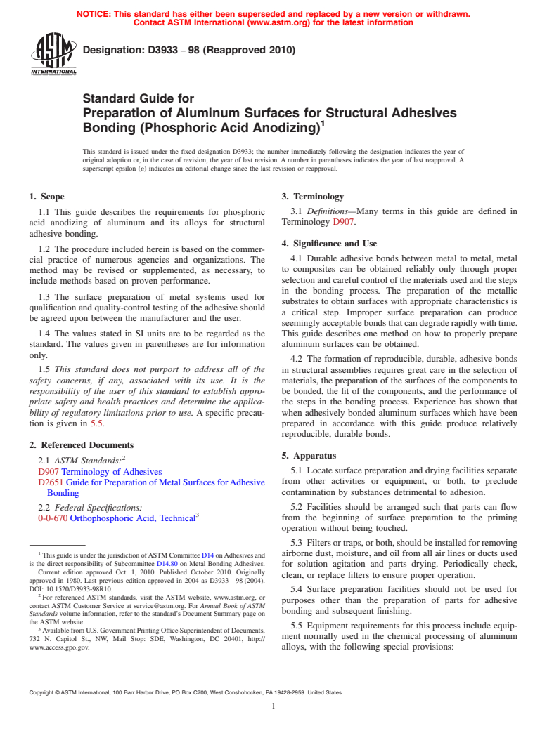 ASTM D3933-98(2010) - Standard Guide for Preparation of Aluminum Surfaces for Structural Adhesives Bonding (Phosphoric Acid Anodizing)