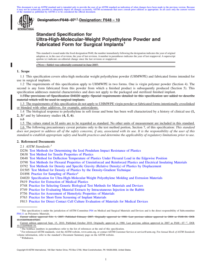 REDLINE ASTM F648-10 - Standard Specification for Ultra-High-Molecular-Weight Polyethylene Powder and Fabricated Form for Surgical Implants