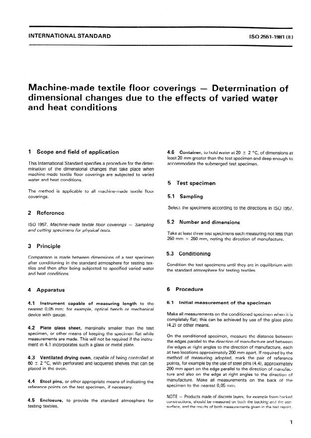 ISO 2551:1981 - Machine-made textile floor coverings -- Determination of dimensional changes due to the effects of varied water and heat conditions