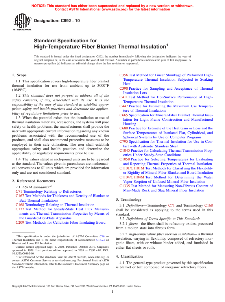 ASTM C892-10 - Standard Specification for High-Temperature Fiber Blanket Thermal Insulation
