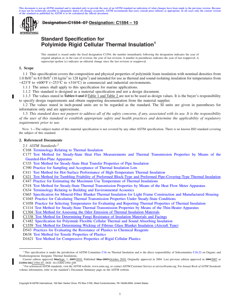 REDLINE ASTM C1594-10 - Standard Specification for Polyimide Rigid Cellular Thermal Insulation