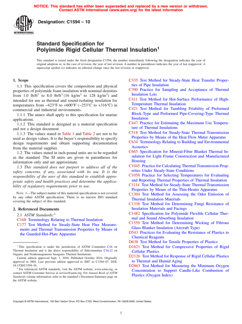 ASTM C1594-10 - Standard Specification for Polyimide Rigid Cellular Thermal Insulation