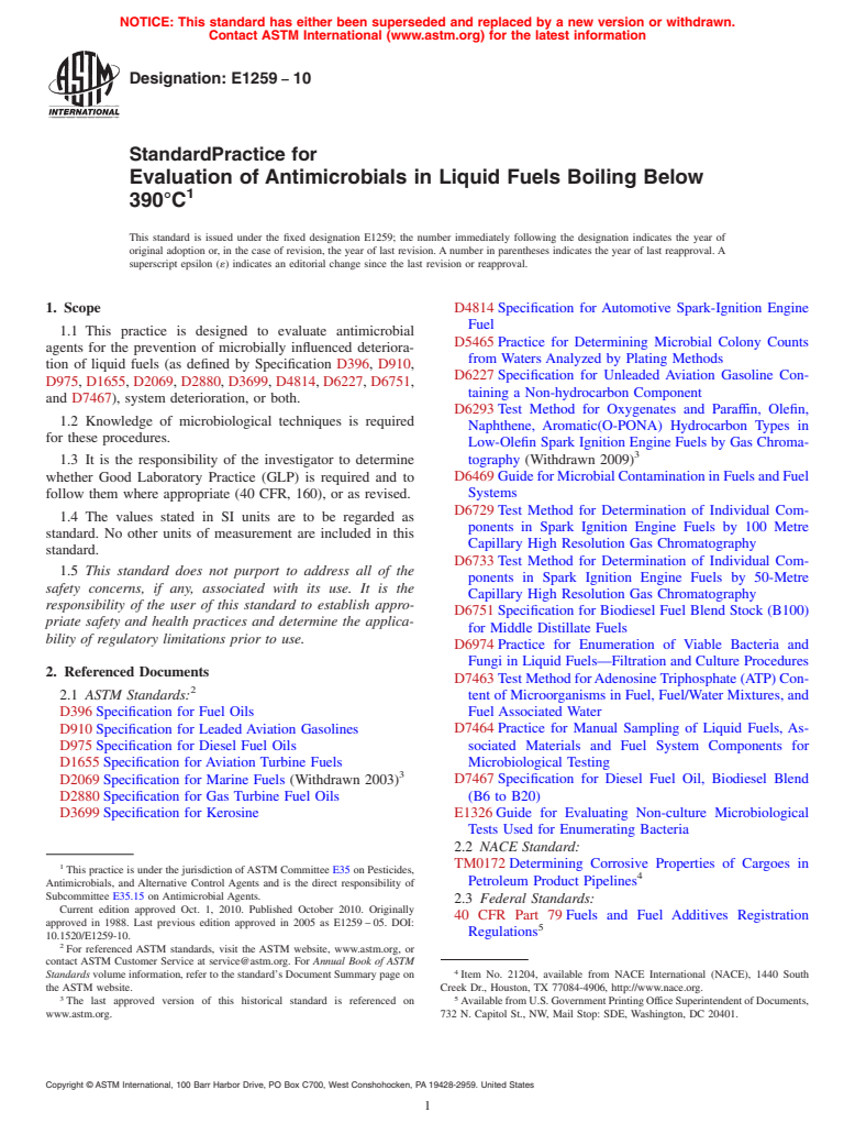 ASTM E1259-10 - Standard Practice for Evaluation of Antimicrobials in Liquid Fuels Boiling Below 390&#176;C