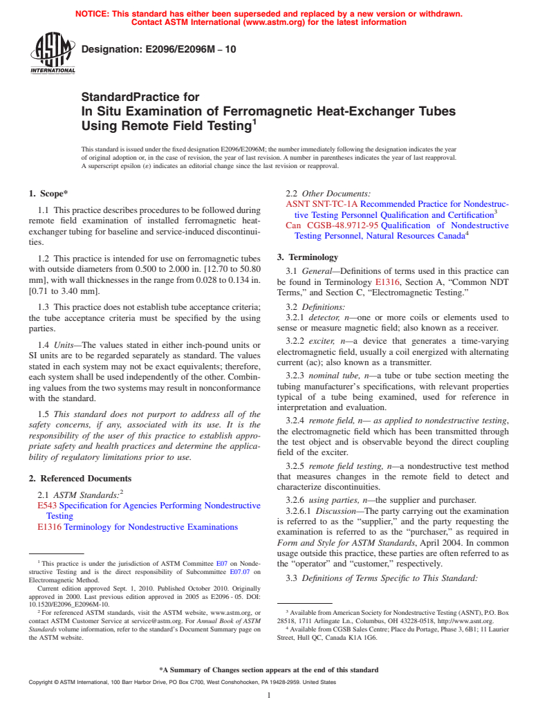 ASTM E2096/E2096M-10 - Standard Practice for In Situ Examination of Ferromagnetic Heat-Exchanger Tubes Using Remote Field Testing