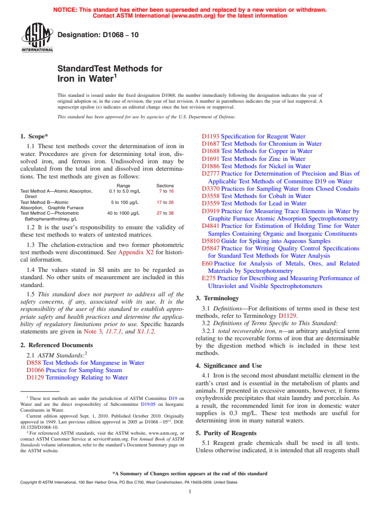 ASTM D1068-10 - Standard Test Methods for Iron in Water