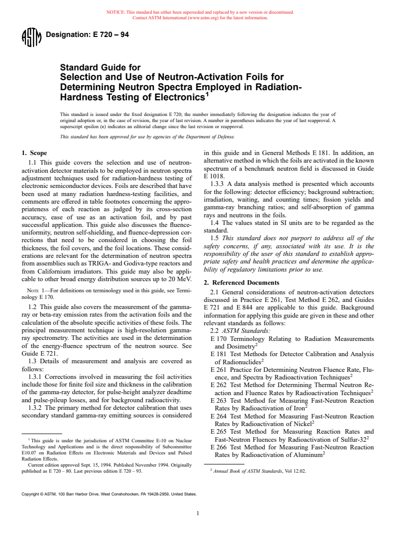 ASTM E720-94 - Standard Guide for Selection and Use of Neutron-Activation Foils for Determining Neutron Spectra Employed in Radiation-Hardness Testing of Electronics