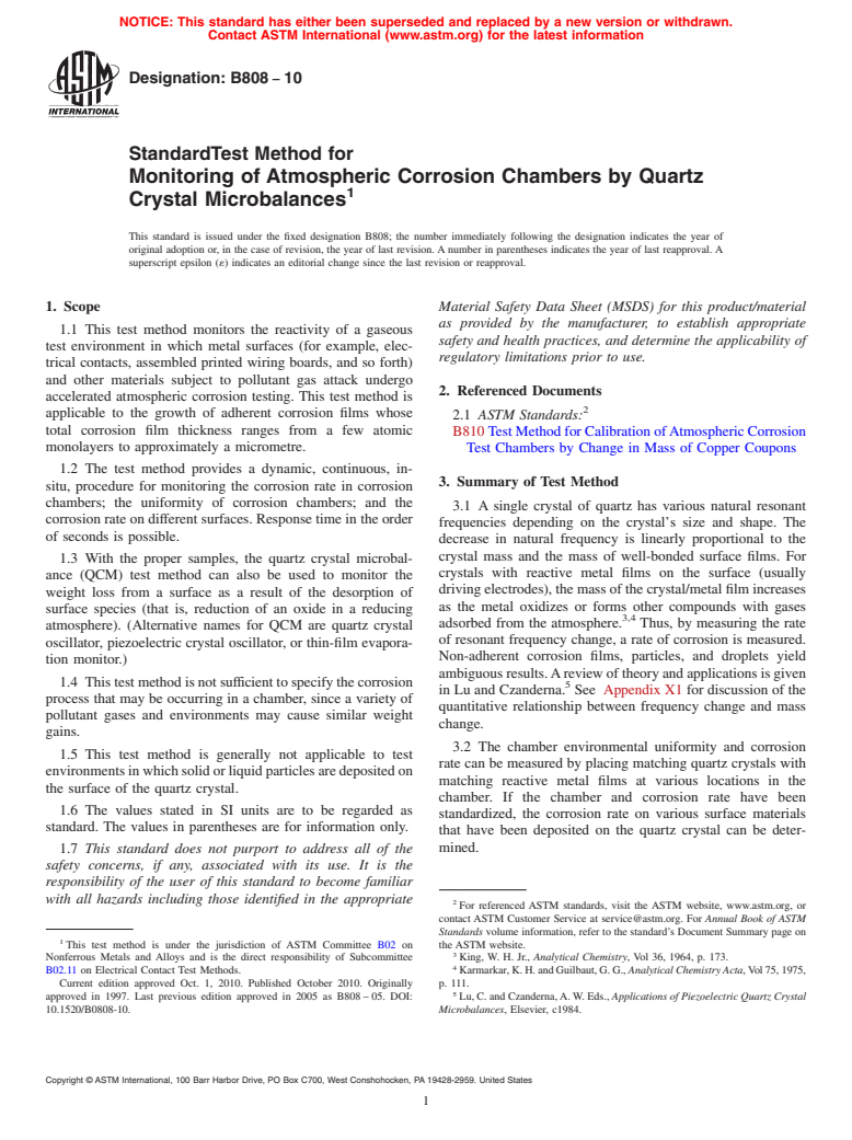 ASTM B808-10 - Standard Test Method for Monitoring of Atmospheric Corrosion Chambers by Quartz Crystal Microbalances